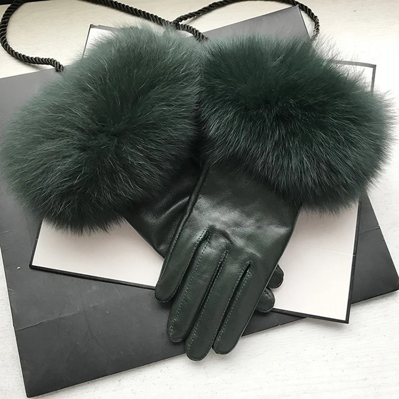 

Dark Green Sheepskin Gloves Elegant Soft Real Leather Windproof Warm For Women Fluffy Big Fox Fur Lambskin Gloves Drive Outdoor