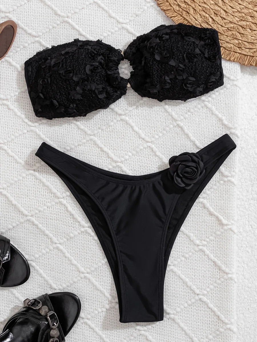 

3D Flowers High Leg Cut Bandeau Bikini Women Swimsuit Female Swimwear Two-pieces Bikini Set Bather Bathing Suit Swim Beachwear