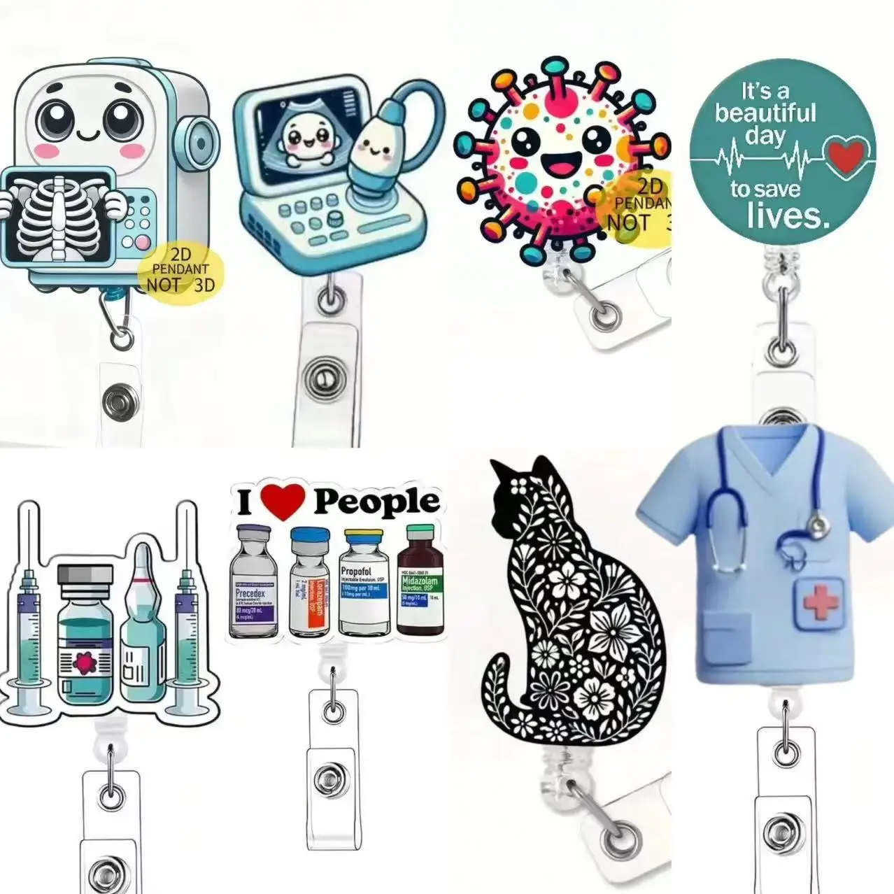 2d flat 1pc Retractable Nurse ID Card Lanyard with Buckle, Made of Durable Acrylic Material and Designed with Nurse Uniform Patt