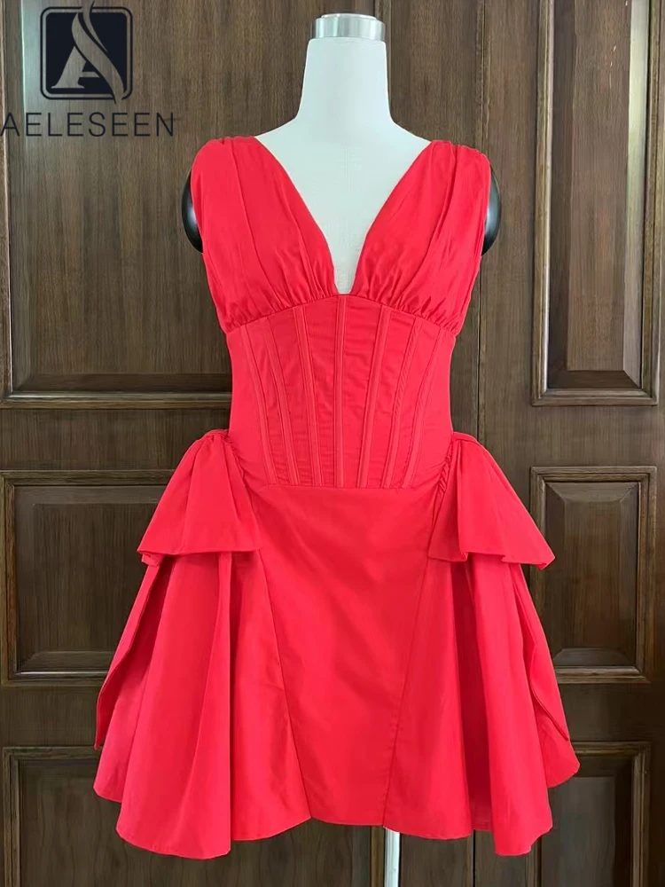 

AELESEEN Summer Sleeveless Mini Dress Women Solid Deep Corset Style Bodice Ruffles Flounced Hem Sexy Patchwork Ladies Party