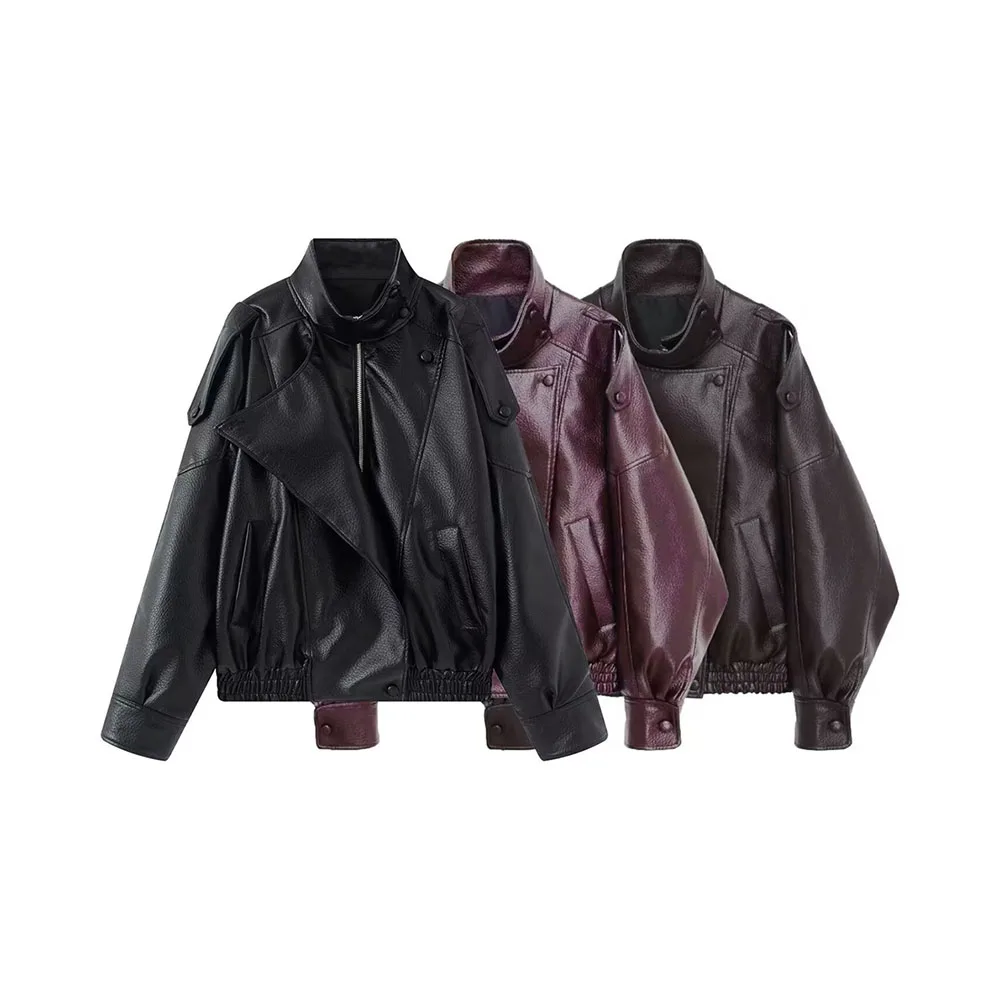 

Autumn and winter new women's fashion temperament stand collar faux leather long sleeved pilot jacket jacket