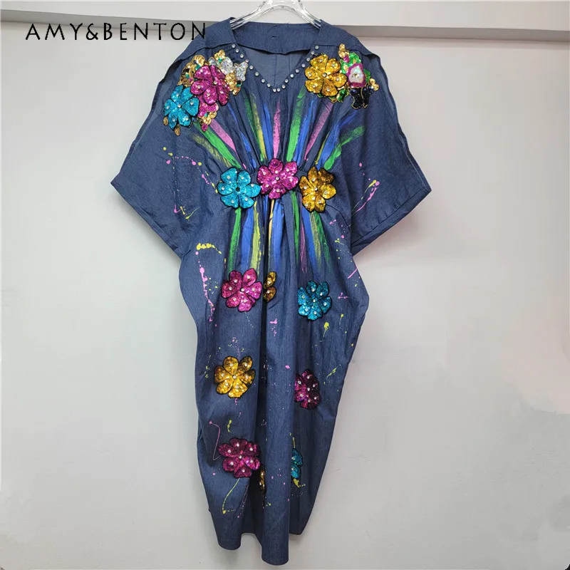 

Summer New Women's Loose Oversize Denim Dress Heavy Industry Nail Diamond V-neck Long Vestidos Fashionable And Thin Long Dresses
