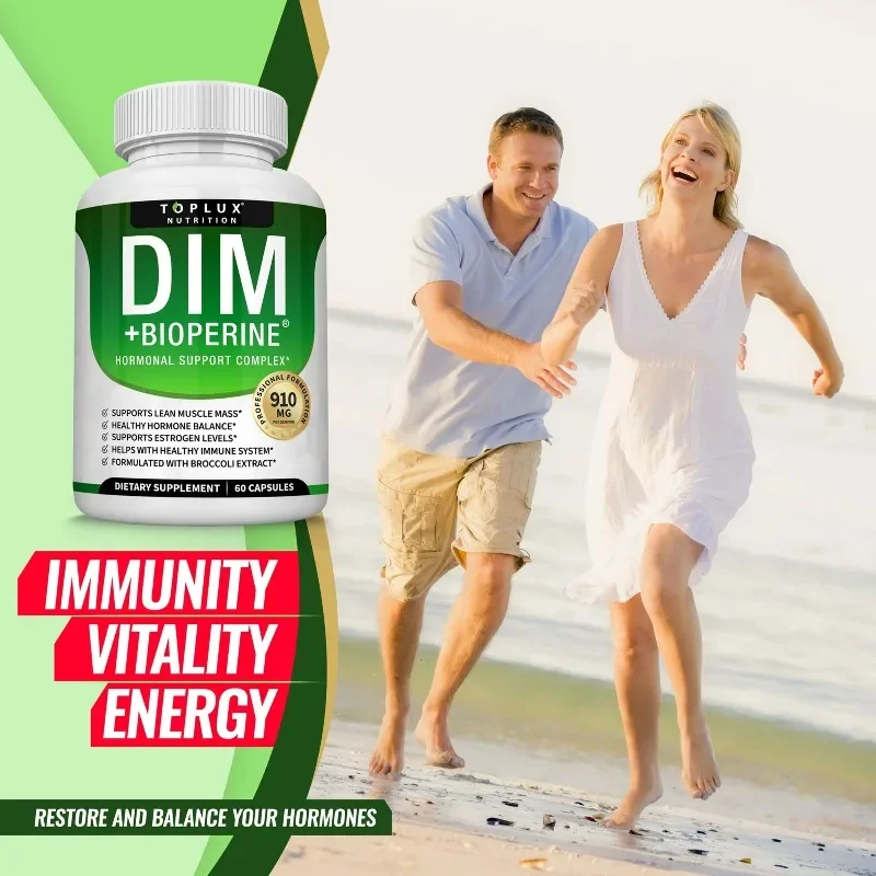 Suplemento Dim 910mg: apoya el equilibrio hormonal y el metabolismo de estrógeno, ilumina el tono de la piel, antioxidante, promueve la digestión