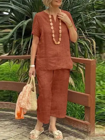 Women's Cotton Linen Summer 2Pcs/Sets Suit 2024 Casual Loose V-neck Short Sleeve Wide Leg Pants Solid Color Fashion Ladies Suit