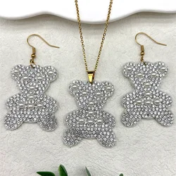 Y2k Full Crystals Cute Little Bear Pendant Necklace Earrings For Women Stainless Steel Imitation Pearls Jewelry Set Girls Gift