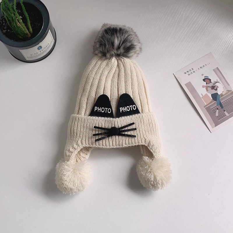 1 to 10 years old children\'s hats autumn winter with warm velvet ear protection hats baby cute boys and girls knitting wool hats