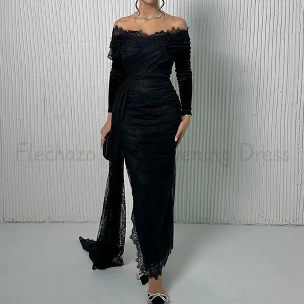 Flechazo Sheath Ankle Length Evening Dress Off the Shoulder Long Sleeves with Lace and Pleat Women Customized Gowns Side Tail