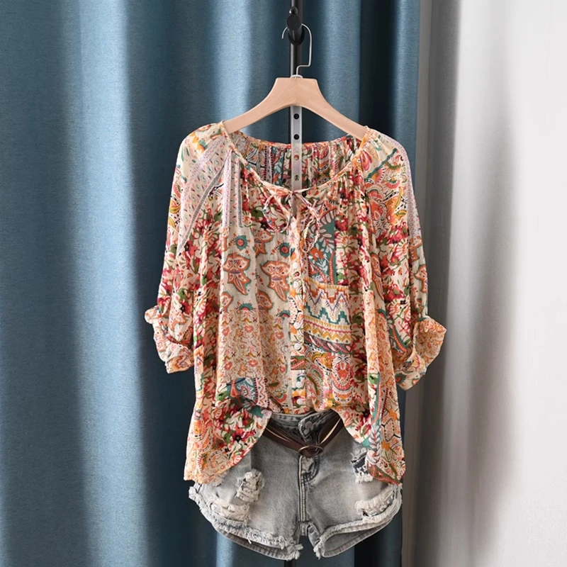 Fine elegant blouses for women boho three quarter sleeve print blouses ethnic shirts fashion women\'s clothing 2024 tops female