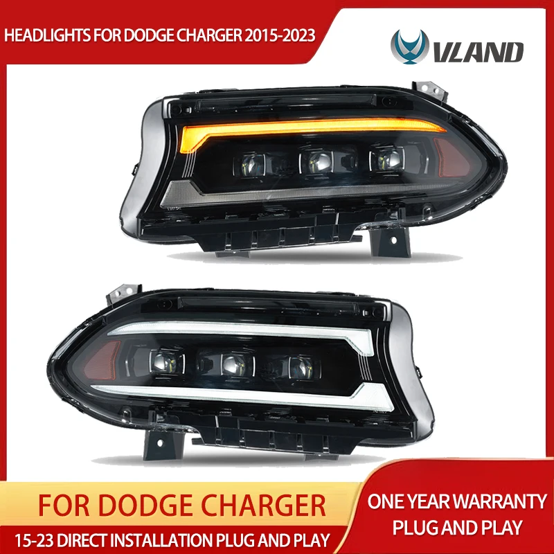 Vland 2015-2023 Charger Bi-LED Projektor-Scheinwerfer Schwarz mit DRL Fern- und Abblendlicht Frontscheinwerfer-Upgrade
