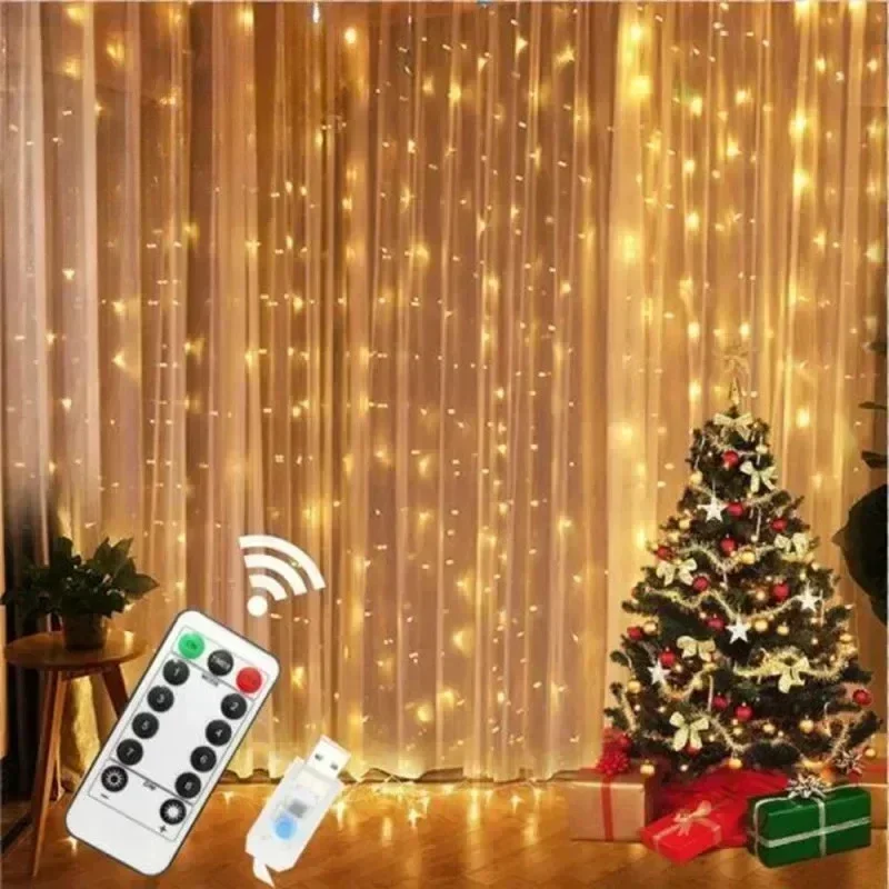 Guirlanda de Natal com Luzes de Fada, Cortina de LED USB para Janela, Festão com Controle Remoto, Decoração de Parede Interna, Cenário para Casamento, Festa e Feriados