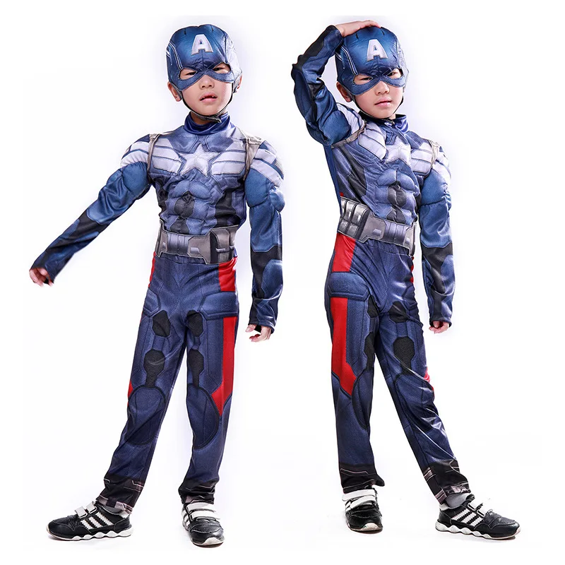 Movie Muscle Captain America Cosplay Jumsuits Kids Superhero Captain Costumes Halloween Party for Boys Girls Children Costume