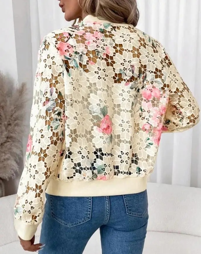 Y2K Women's Jacket 2025 Fashion Floral Print Baseball Collar Zip Up Water-Soluble Lace Coat Casual Hollow-Out Bomber Jacket