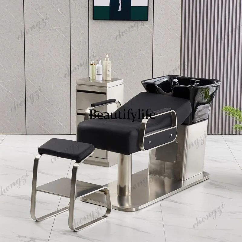 BBB Stainless steel haircut shampoo bed semi-reclining hairdresser hair salon special punch shampoo bed ceramic basin