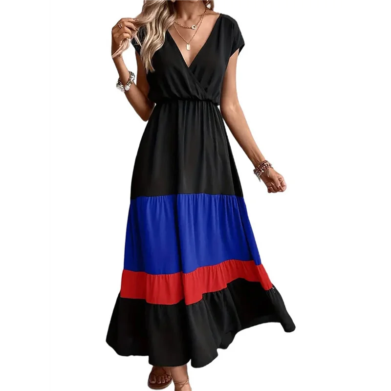 ABP-レディース パーティー カラーブロック ドレス ハイウエスト 半袖 マキシ V ネック ドレス カジュアル シャーリング フリル ヘム ドレス