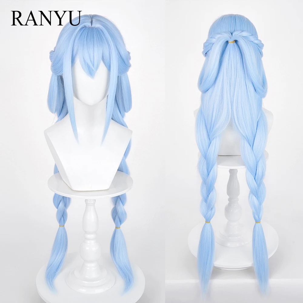 Long Straight Blue Synthetic Braided Wigs with Bangs Anime Game Cosplay Fluffy Wig Heat Resistant for Daily Party