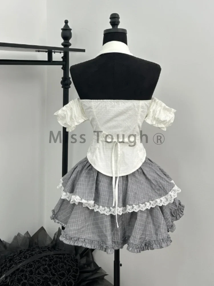 Summer Vintage Slim Sleeveless 2 Piece Set Women Fashion Sweet Solid Off Shoulder Tops + Chic High Waist Lace Short Skirt New