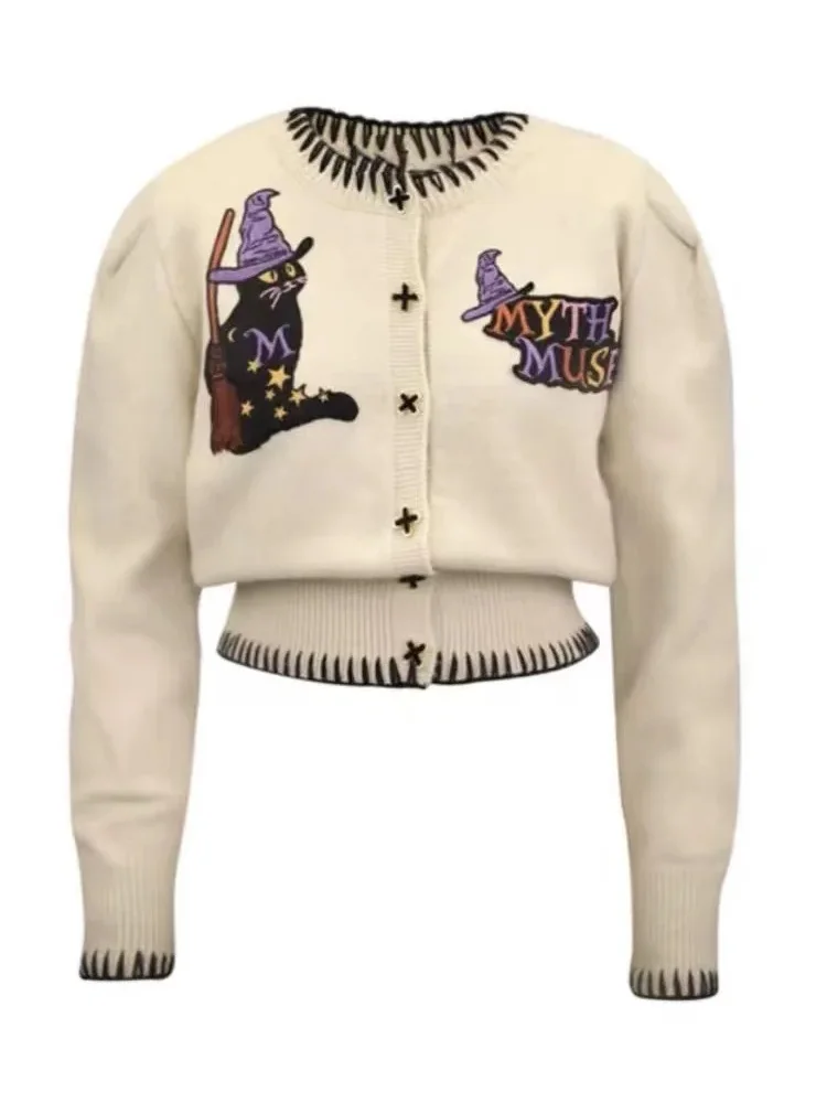 Vintage Cartoon Embroidered Sweater Cardigan Women Stylish Elegant Fashion Chic Knitwear Y2K Spring Long Sleeve O-neck Jumpers