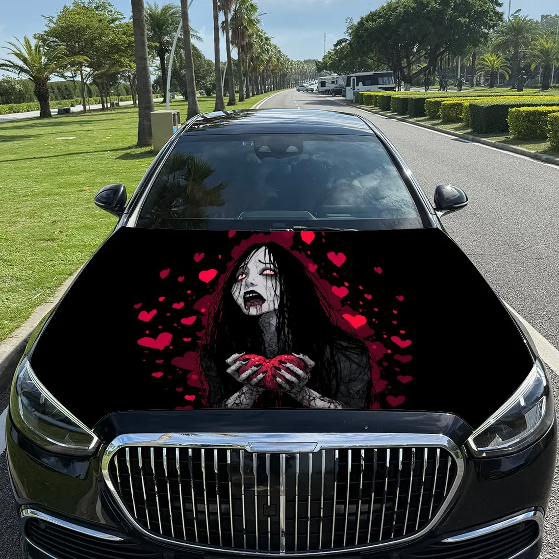 

Dark Style Heart Girl Car Vinyl Wrap, PVC Waterproof Car Hood Sticker, Self-Adhesive Scratch-Resistant Stickers for Engine Cover