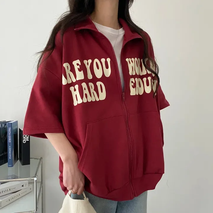 Y2k Zip Up Women Oversized Hoodie Polo Neck Vintage Zipper Sweatshirt Gothic Punk Sportswear Letter Print Half Sleeve Tops 2025