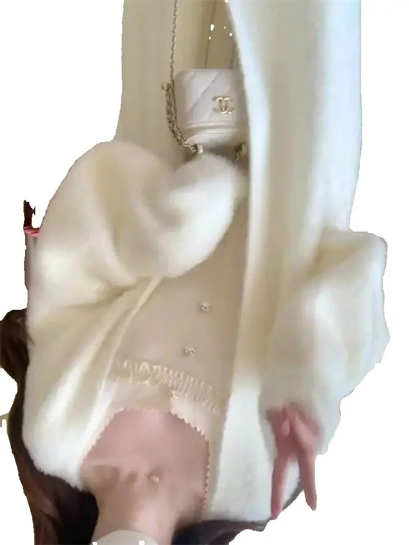 

Новый белый нежный норковый свитер, вязаный кардиган, женский осенне-зимний свитер средней длины, зимняя куртка Lazy Milk Fufu