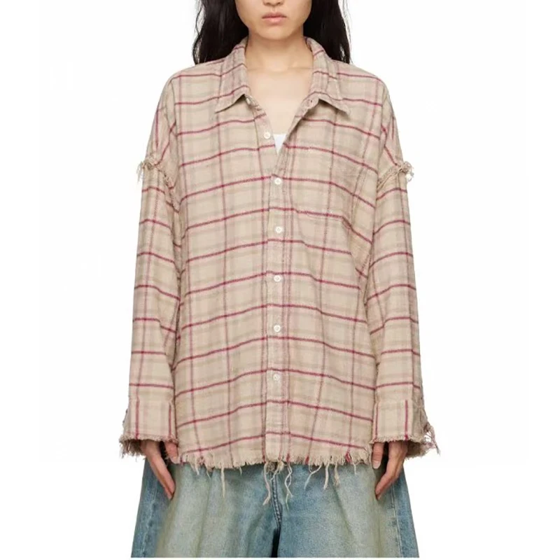 

Women's Plaid Fabric Washed and Worn Shirt, Fashion Casual Loose Blouse, High Quality Cotton Blouse, Fall, New, y2k