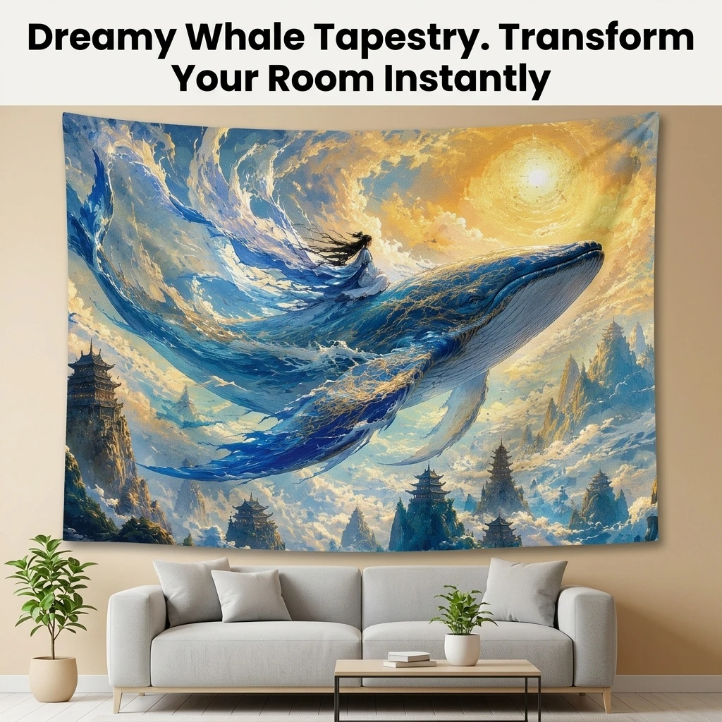 Large Dreamy Whale Ocean Tapestry Wall Hanging Decor Art Print for Bedroom Living Room Coastal Marine Fantasy Home Decoration Ca