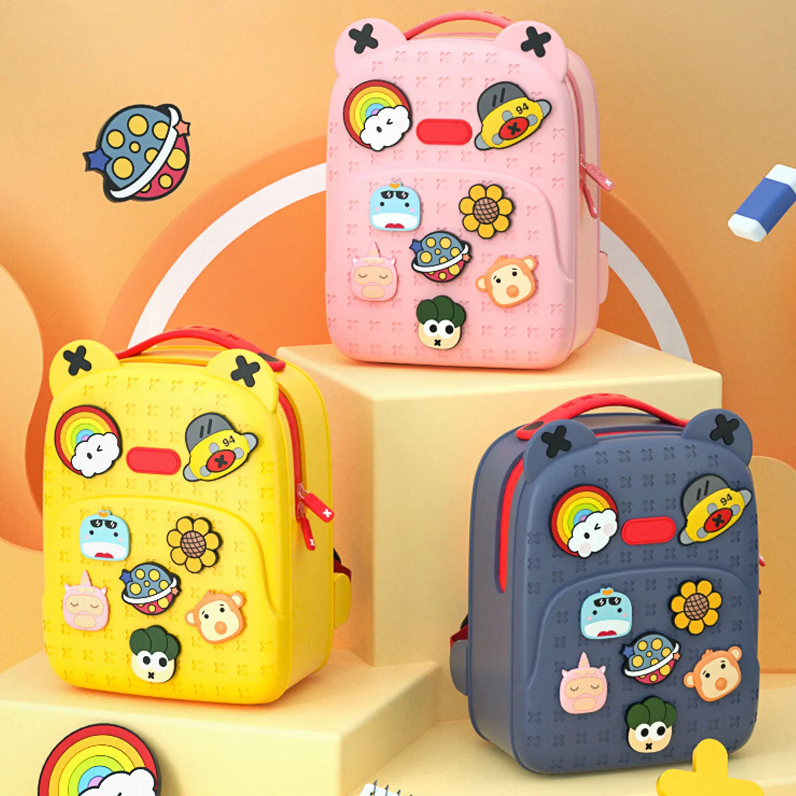 Kids Cute Lightweight Silicone Backpack School Bag with 8pcs Cartoon Tags for 6-12Y Child Kindergarten Primary School Gift