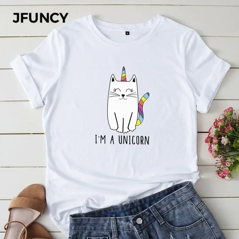 JFUNCY 100% Cotton Women Summer T Shirt Cute Unicorn Print Tees Tops Short Sleeve Woman T-shirt Female Loose Tshirt