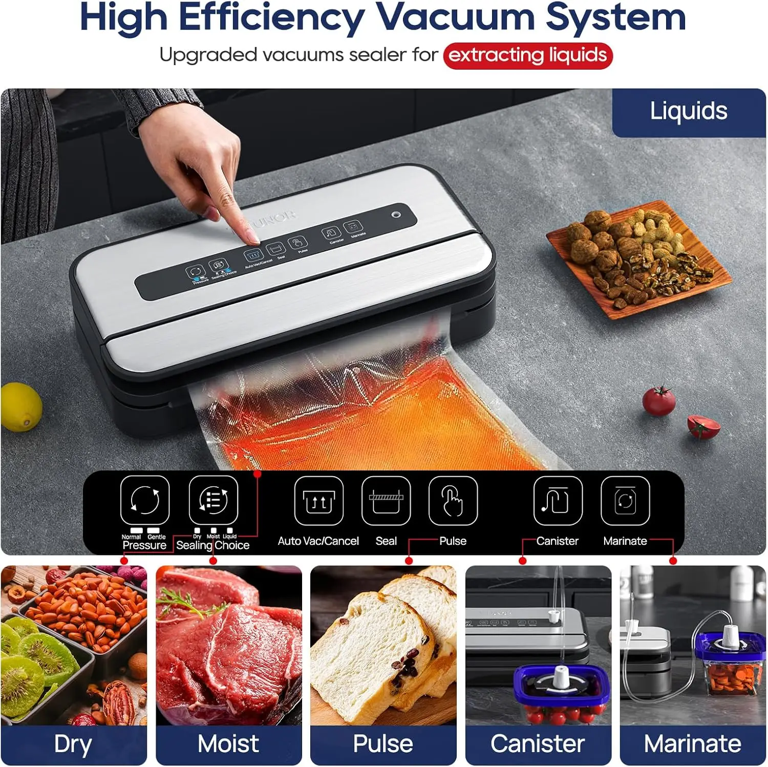 Vacuum Sealer Machine, 90Kpa Vacuum Sealer for Liquid/Dry/Moist food, Double Heat Seal, Easy-Lock Handle, Built-in Cutter and Ba