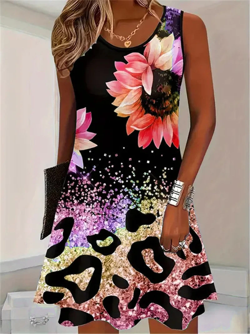 

Модные женские мини-платья с цветочным принтом и принтом тай-дай, летнее пляжное повседневное женское платье без рукавов с 3D принтом 3XL, платье больших размеров