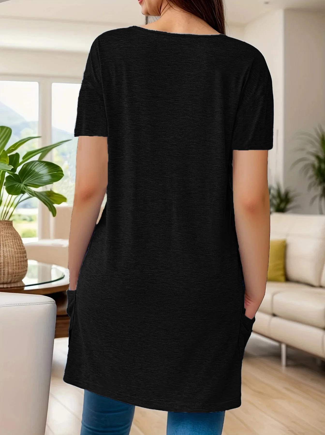 Plus Size Dames T-shirt Zomer Eenvoudige Mode Effen Kleur V-hals Losse Blouses Casual Onregelmatige Zakken Zwart Shirt Tops 2025