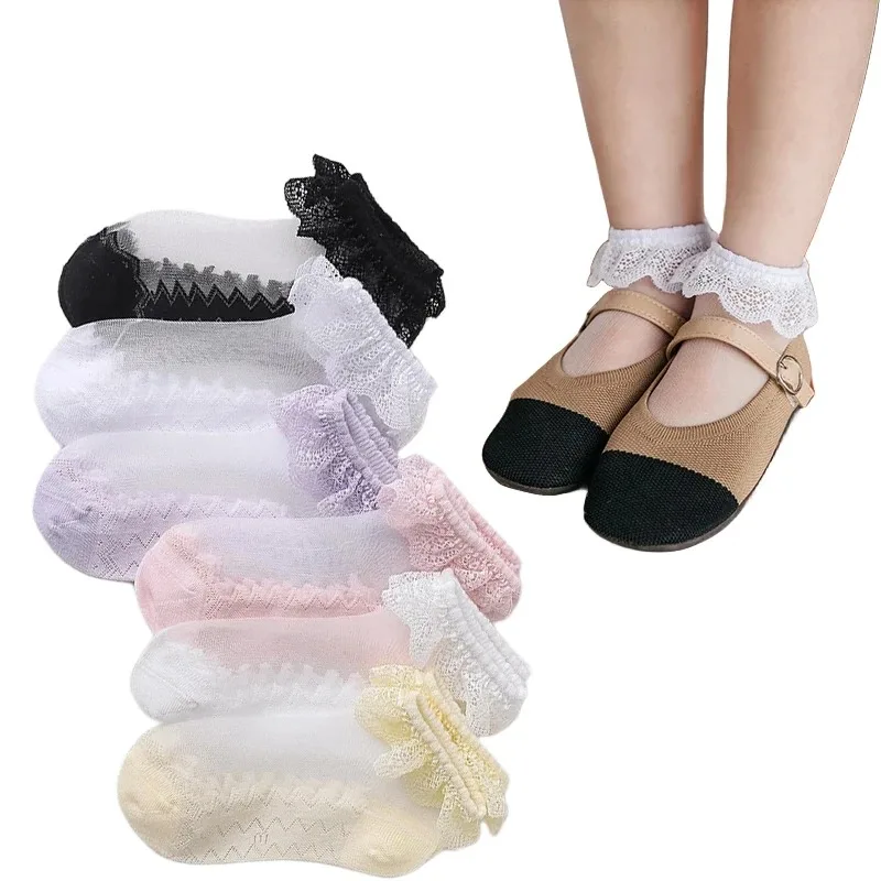 5-pack Summer Kids Girls 0-8 Y Anti-snag Sheer Ruffle Socks Lace Frill Ultra Thin Breathable Socks Toddler Invisible Dress Socks