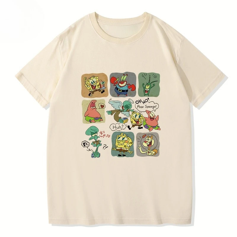 Nuevo lanzamiento de Bob Esponja, pantalones cuadrados con estampado de dibujos animados, Top Universal de manga corta holgado y a la moda para hombres, mujeres y niños