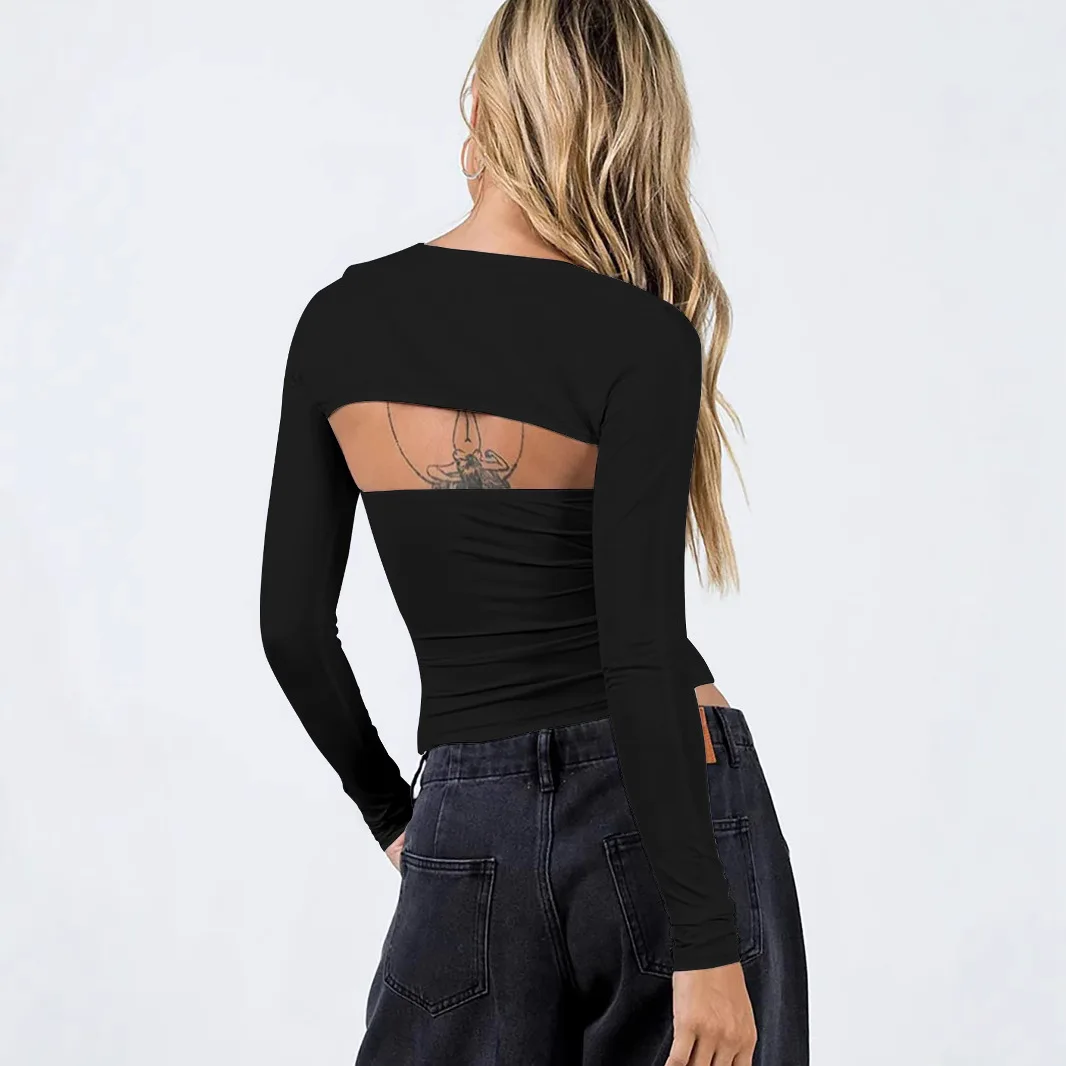 Faionable Y2K Women's Long Sve Slim Fit T-irt Two-Piece Set Sexy Waist-Cinching Top Trendy Streetwear for Ladies