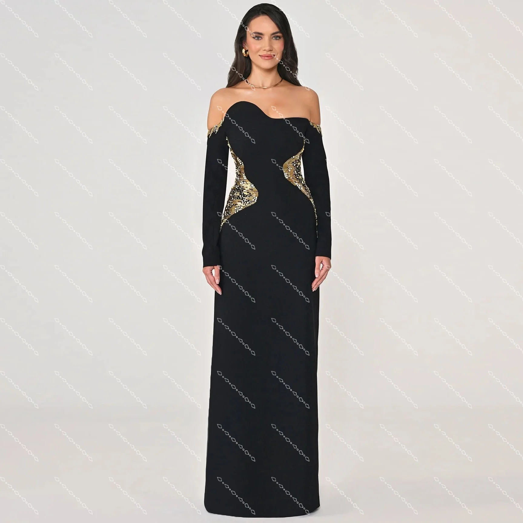 

Customized Off Shoulder Long Sleeves Black Evening Dress Gold Beads Prom Gown Special Occasion Party Dresses