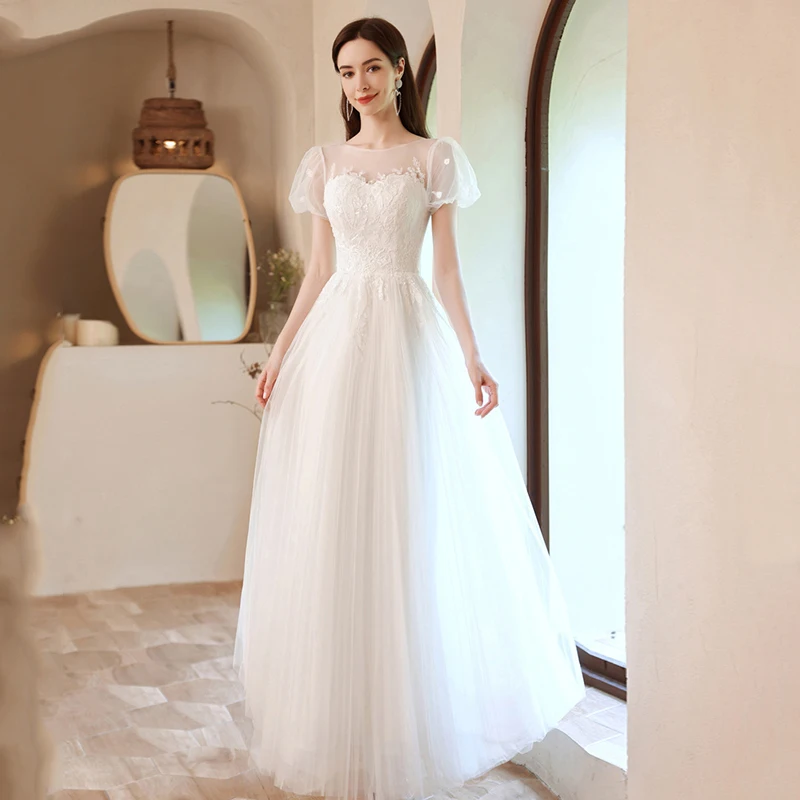 French Luxury White Satin Maxi Wedding Dresses for Bride Elegant Sexy Slim Puff Sleeve Long Prom Party Dress Women vestidos