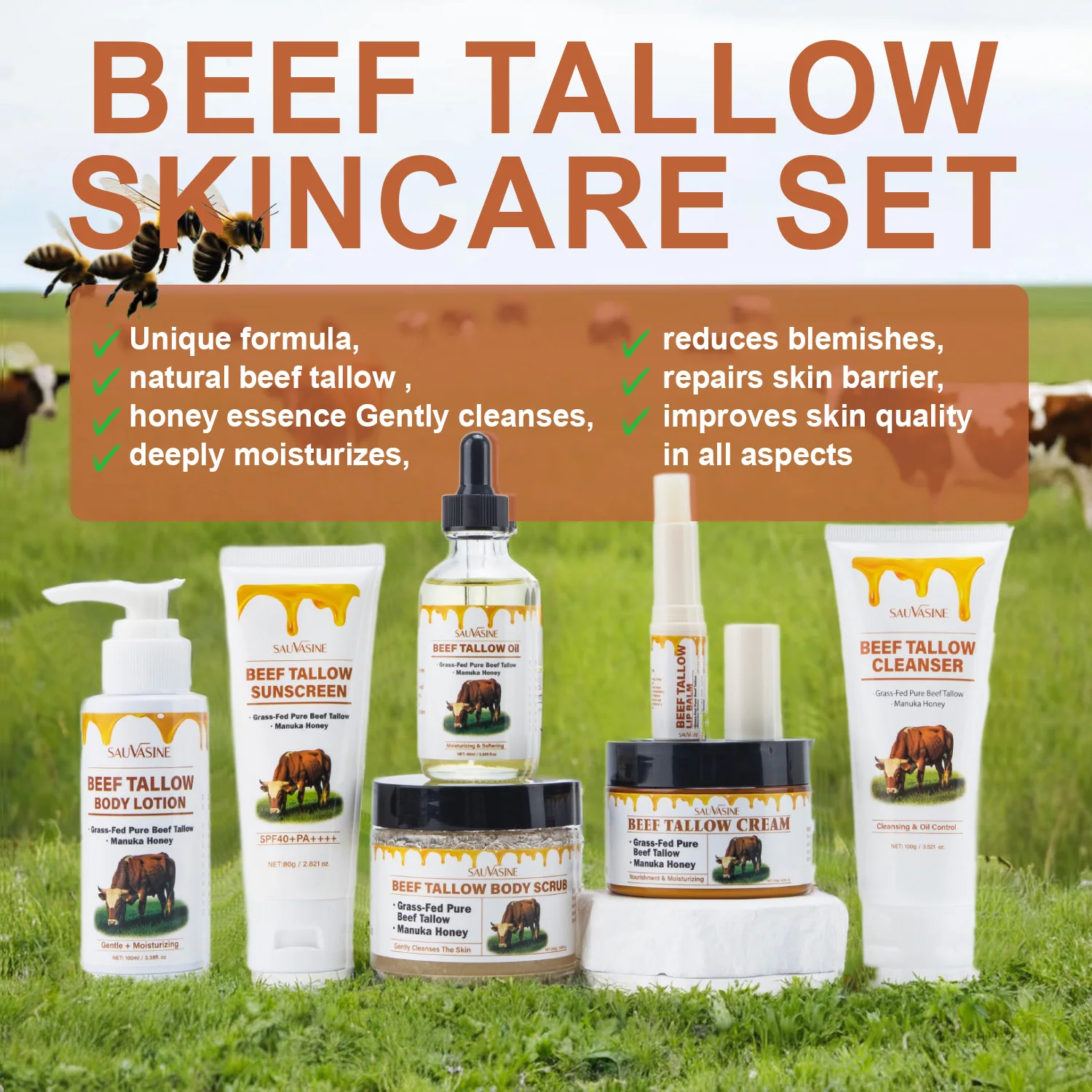 

7 шт., набор для ухода за кожей говядины, увлажняющий крем для кожи лица, масло с медом Manuka, отшелушивает, мягкое глубокое увлажнение для всех типов кожи