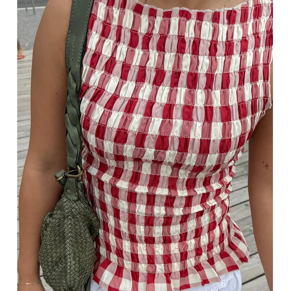 Women y2k Vintage Smocked Polka Dot Print Tank Tops Frill Shirred Ruffles Hem Sleeveless Shirts Slim Boat Neck Tops Streetwear