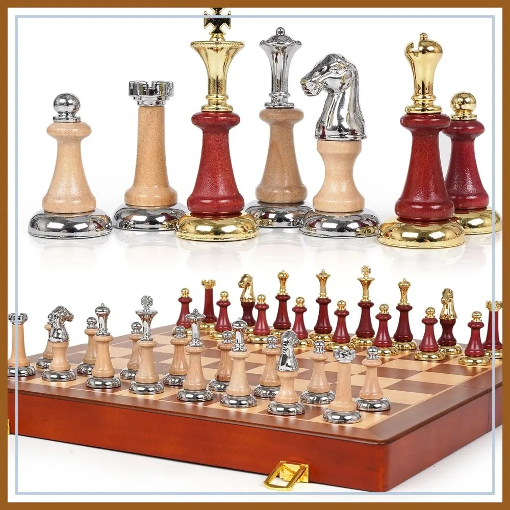 

Large Wooden Chess Set with Metal & Wooden Pieces, 17-Inch Board, 2 Extra Queens, Premium Strategy Game for Adults & Beginners
