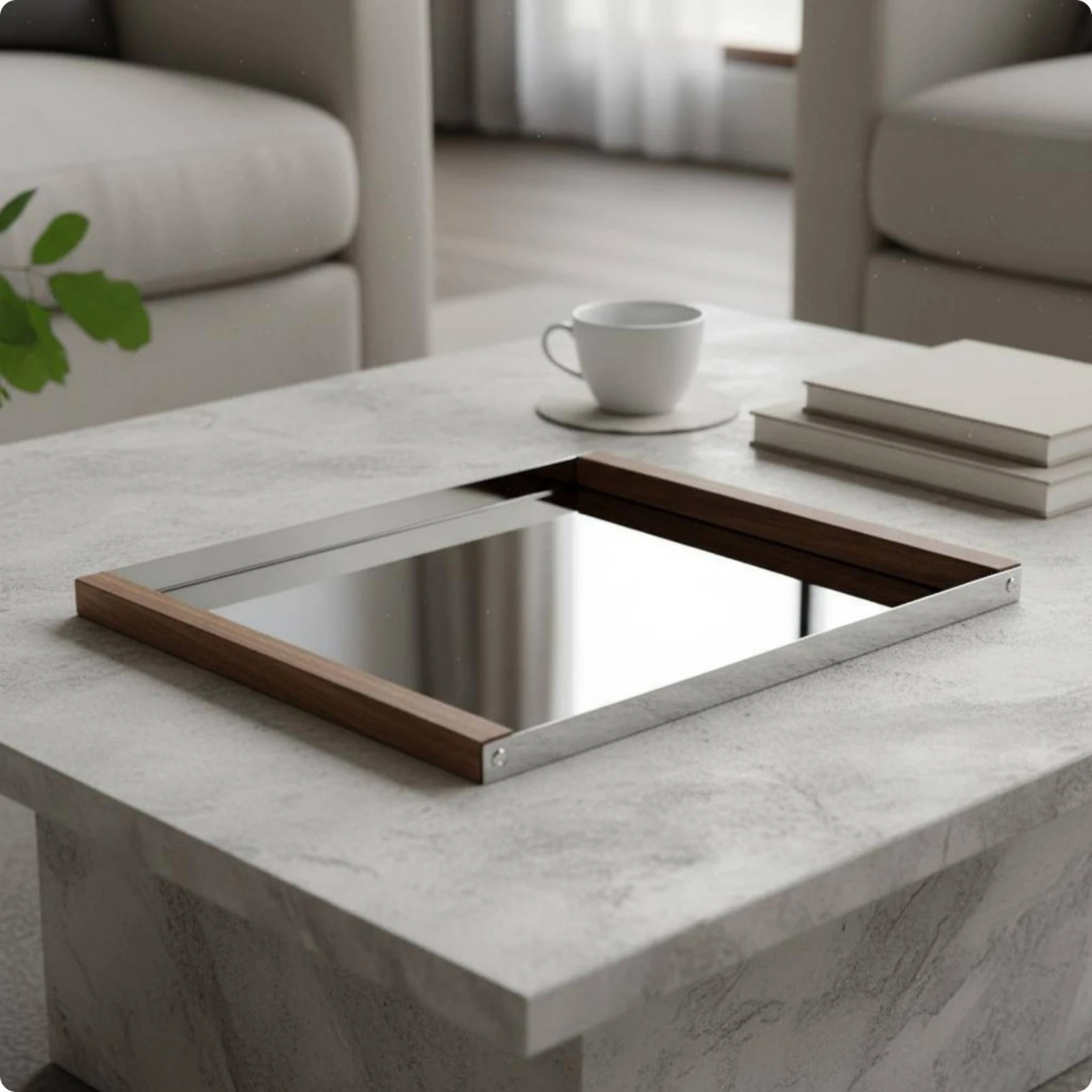 Silver Tray with Wood Handles Easy to Clean Geometric Metal Tray Tabletop Decor Scratch-Resistant Large Size