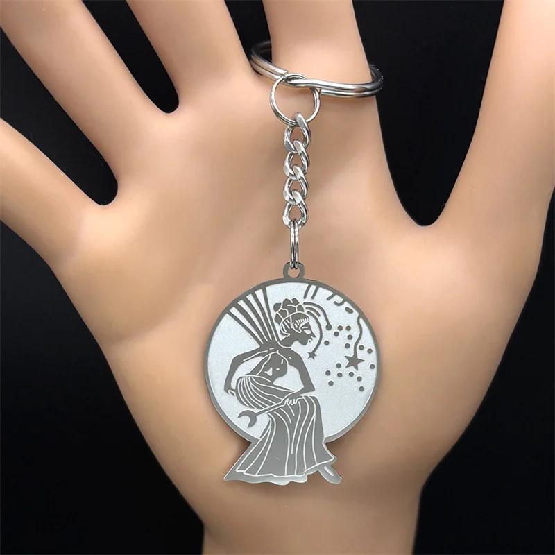 Magic Wicca Fairy Star Moon Round Medal Key Chain For Women Men Stainless Steel Silver Color Mysterious Key Ring Party Jewelry