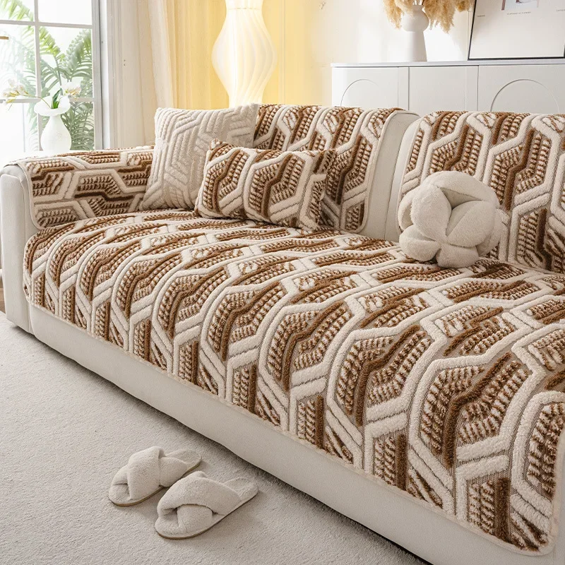 Winter Warm Geometric Jacquard Fleece Sofa cushion Non-slip Warm Sofa Slipcover multi-size Chinese style Sofa mat Pet Friendly