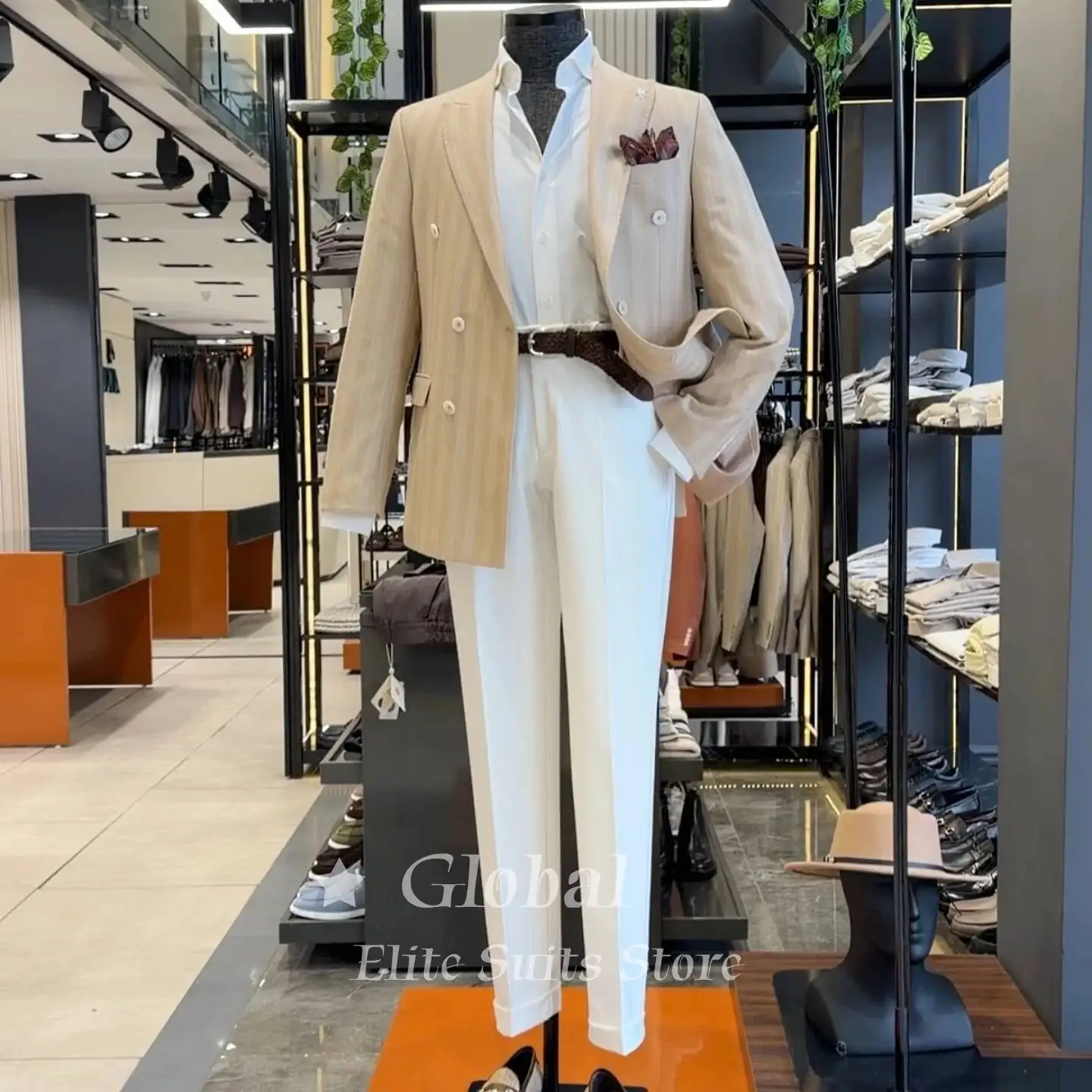 Men 2-Piece Suit With Peak Lapel Beige Striped Double-Breasted Lightweight Summer Formal Outfit For Wedding Party Customized