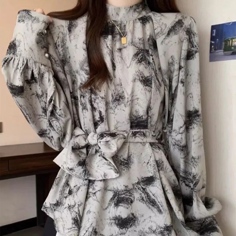 

Vintage Tie Dye Printed Loose Blouse Spring Autumn Commute Long Sleeve Women's Clothing Half High Collar Stylish Bandage Shirt