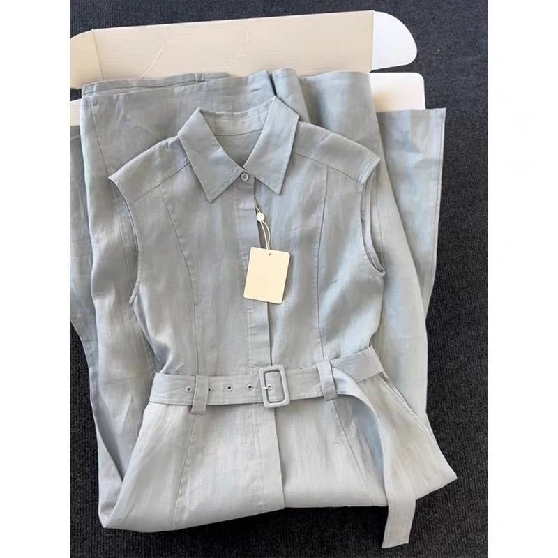 夏エレガントな女性の新しいブルースリネンシャツドレスベルト Sleevelsss ハイウエスト A ラインカジュアルドレスミディ Vestidos T145