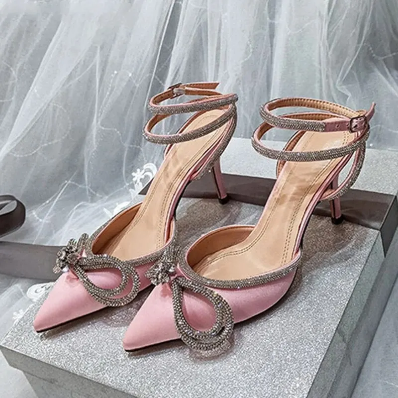 2024 New Fashion Glitter Rhinestones Women Pumps Crystal Bowknot Silk Pointed Toe Buckle Strap Thin High Heels Party Prom Shoes