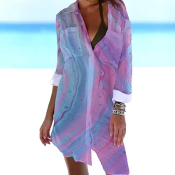 Summer new 3D abstract pattern printed shirt dress beach sexy shirt jacket shirt long sleeved women's long skirt vest