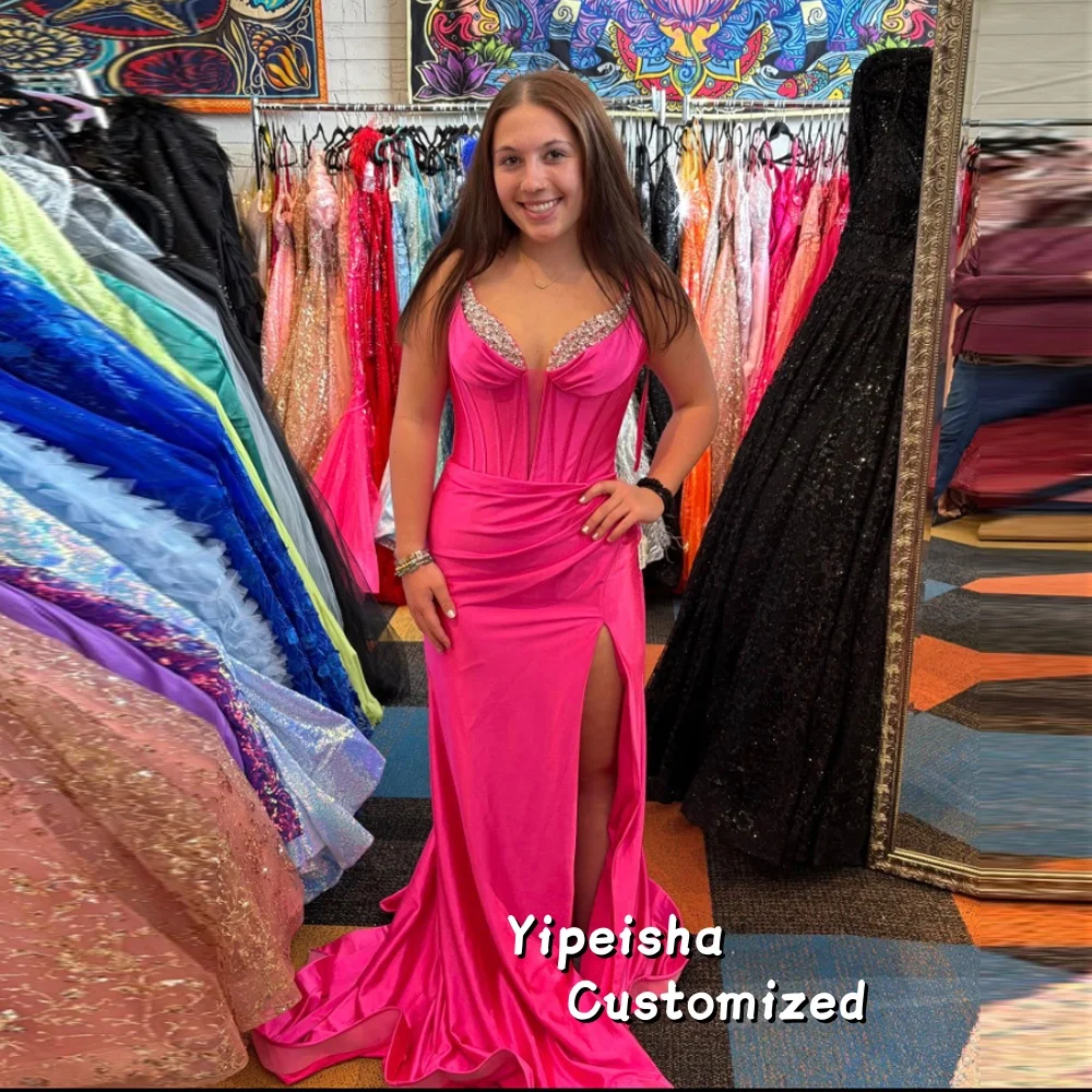 

Customized Fuchsia Mermaid Evening Dresses Glitter Sequins Sleeveless Satin Prom Gowns Sexy Side Split Party Gowns Plus Size