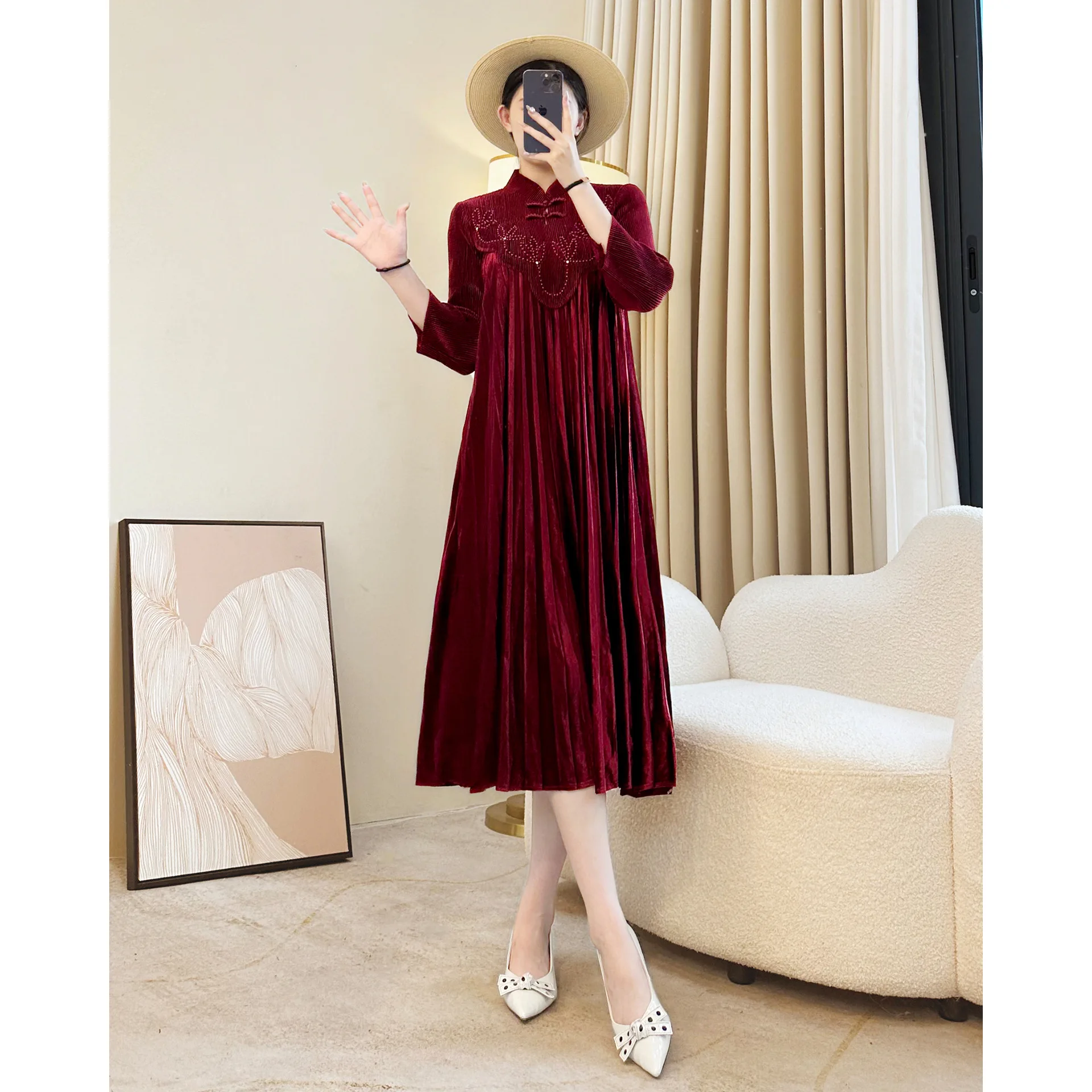 Miyake geplooide fluwelen jurk effen kleur stiksels opstaande kraag pofmouwen losse elegante geplooide trouwjurken voor dames