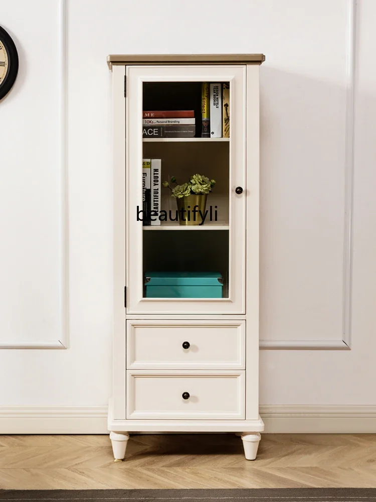 American white pure solid wood, living room display cabinet glass wine cabinet, single door wall storage cabinet